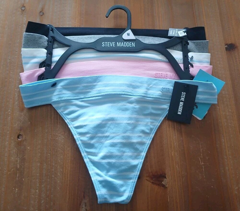 5-Pack Steve Madden Women's Stretchy Striped/Solid Thong Logo Panties Multi M